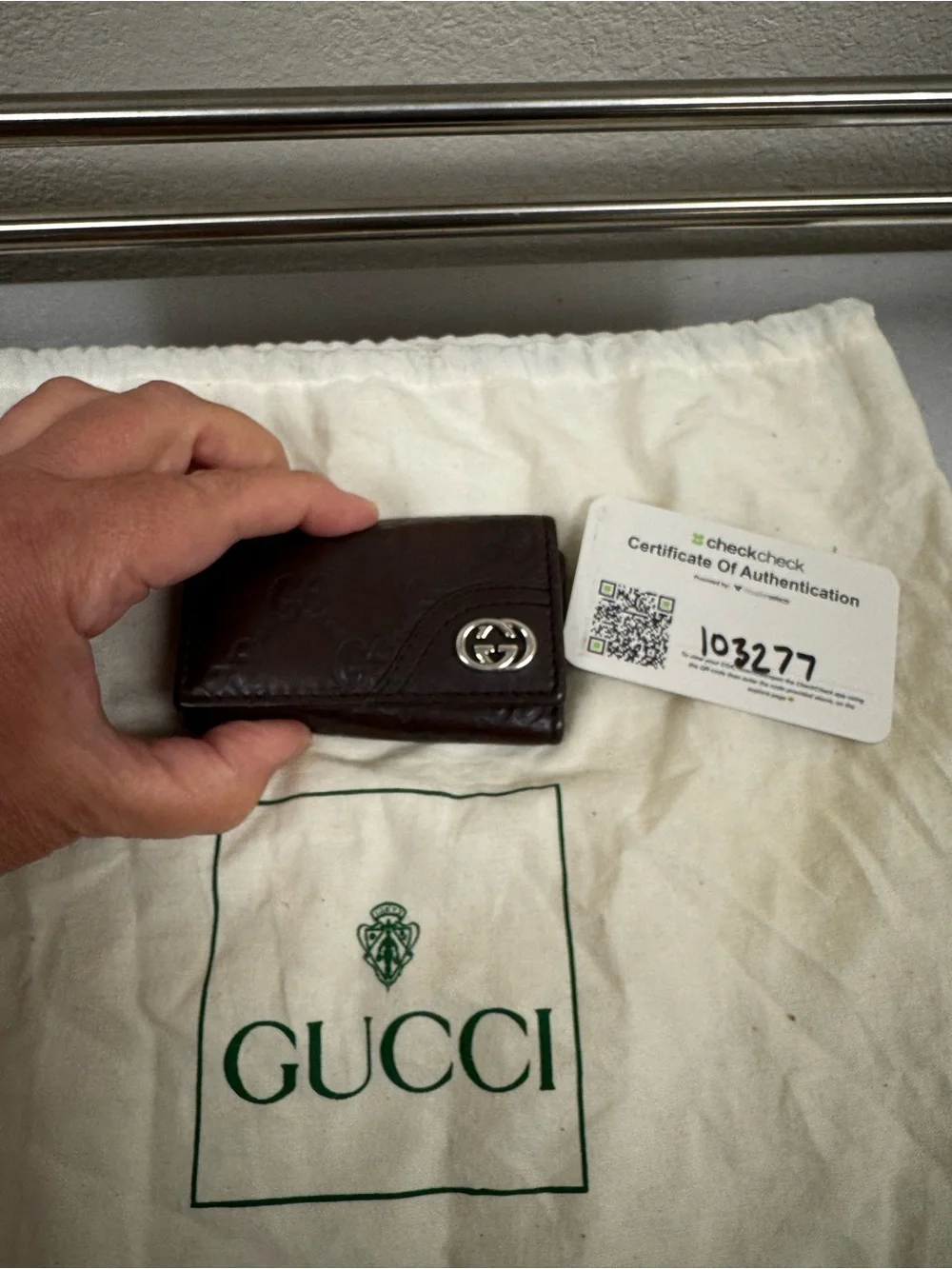 Gucci Brown Leather Key Case with Silver GG Logo with Certificate